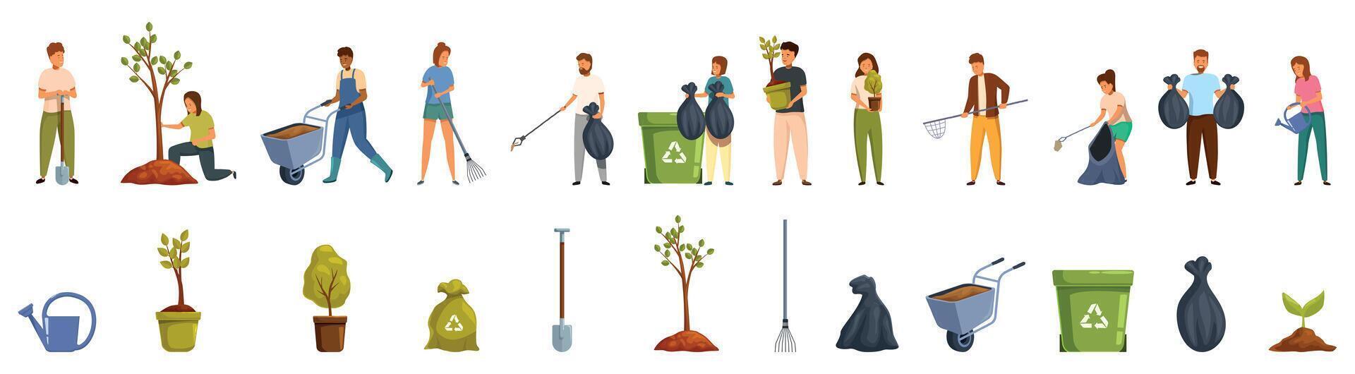 Environmental activism icons set. Volunteers planting trees, cleaning, and gardening for a sustainable environment vector