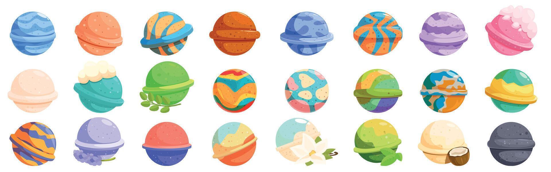 Bath bomb icons set. Colorful bath bombs resembling planets floating in space vector