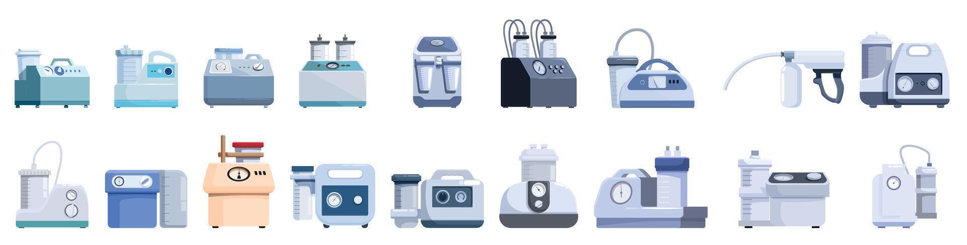 Suction machine icons set. Medical suction machine extracting liquids and supporting surgeries with different models vector