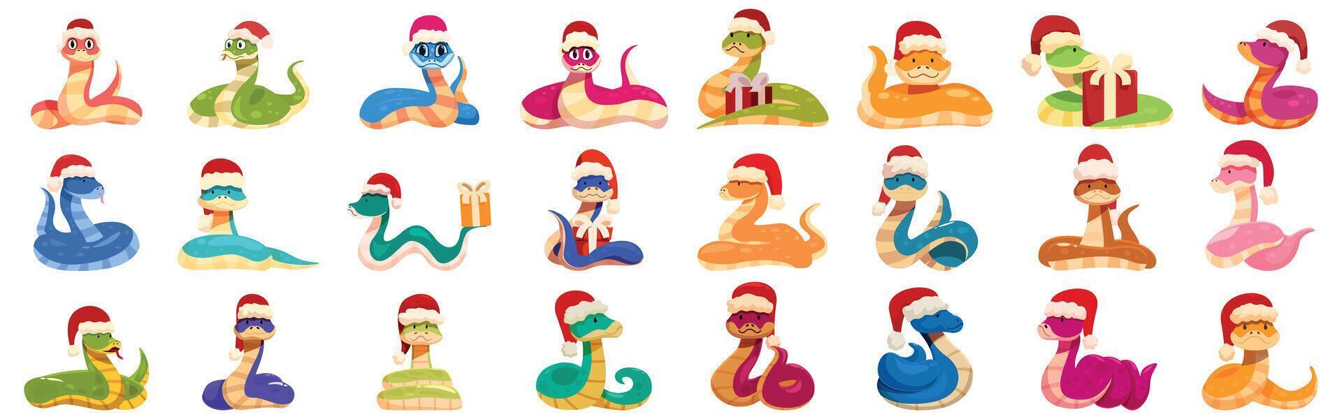 New year snake icons set. Colorful snakes wearing santa hats celebrating christmas vector