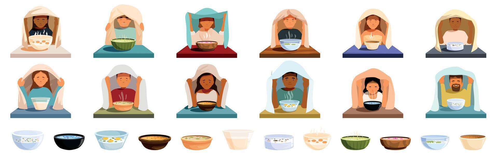 Herbal steam face icons set. People inhaling steam from hot soup for remedy, cold treatment, flu inhalation vector