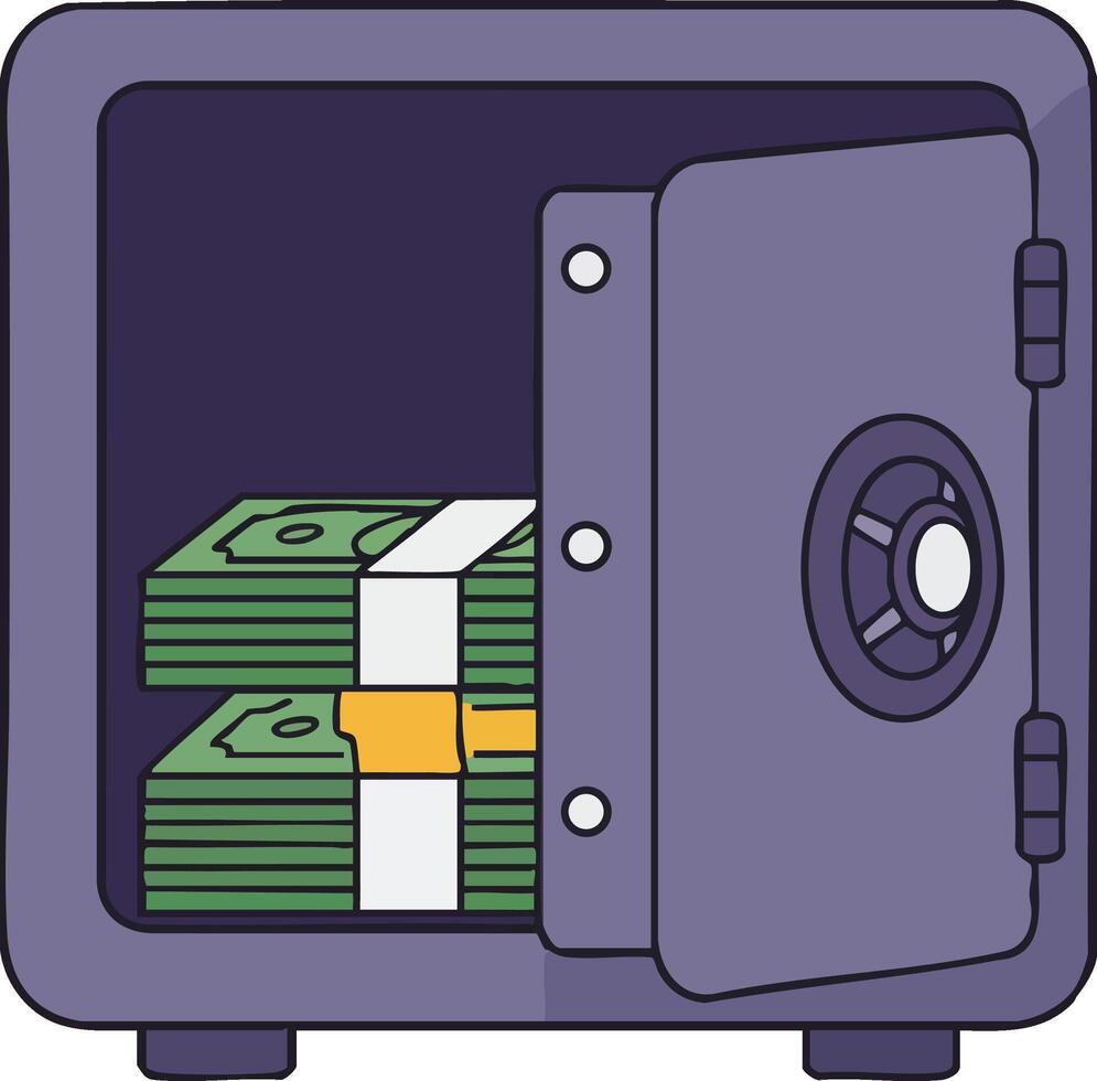 Open safe with stacks of money inside secure cash storage illustration vector