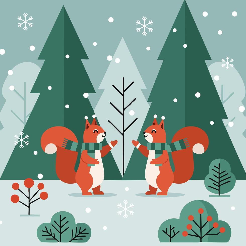Two squirrels wearing scarves playing in snow with pine trees winter forest scene illustration vector