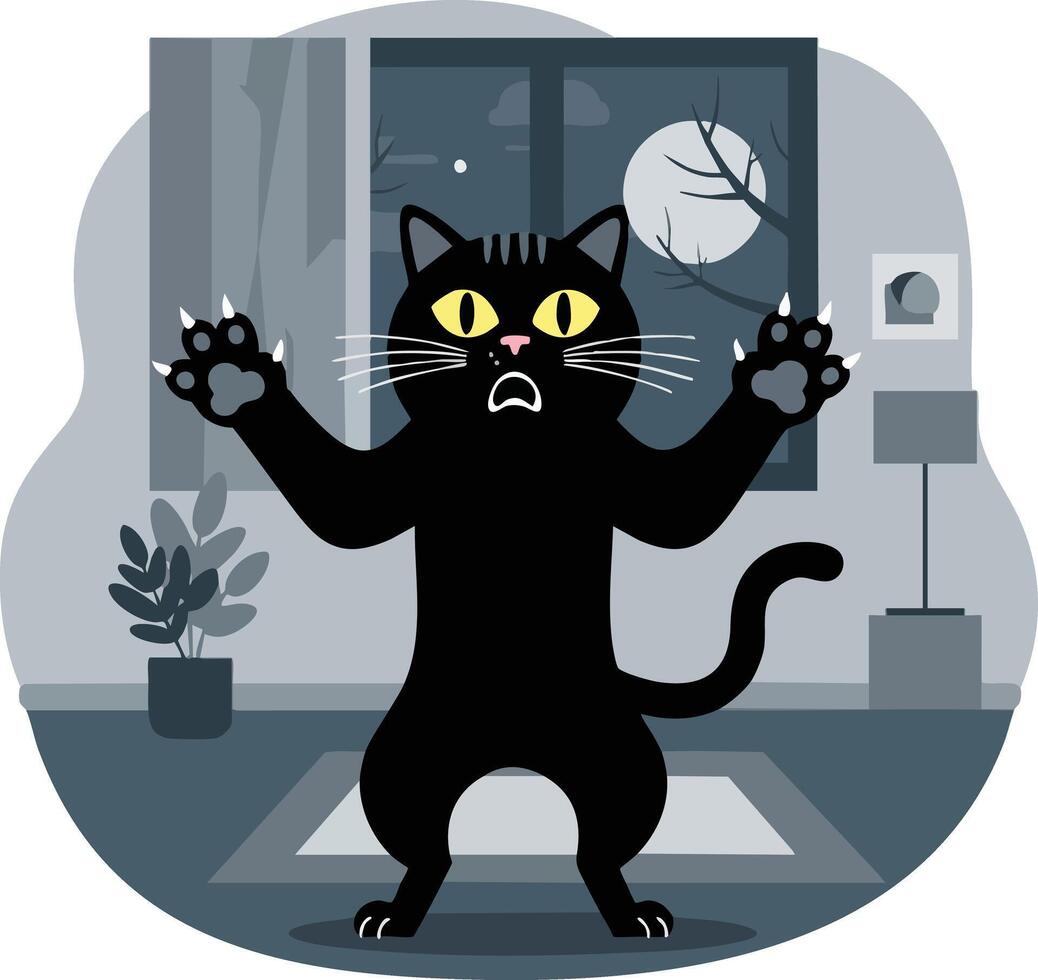 Black cat with raised paws inside room under full moon window spooky night illustration vector