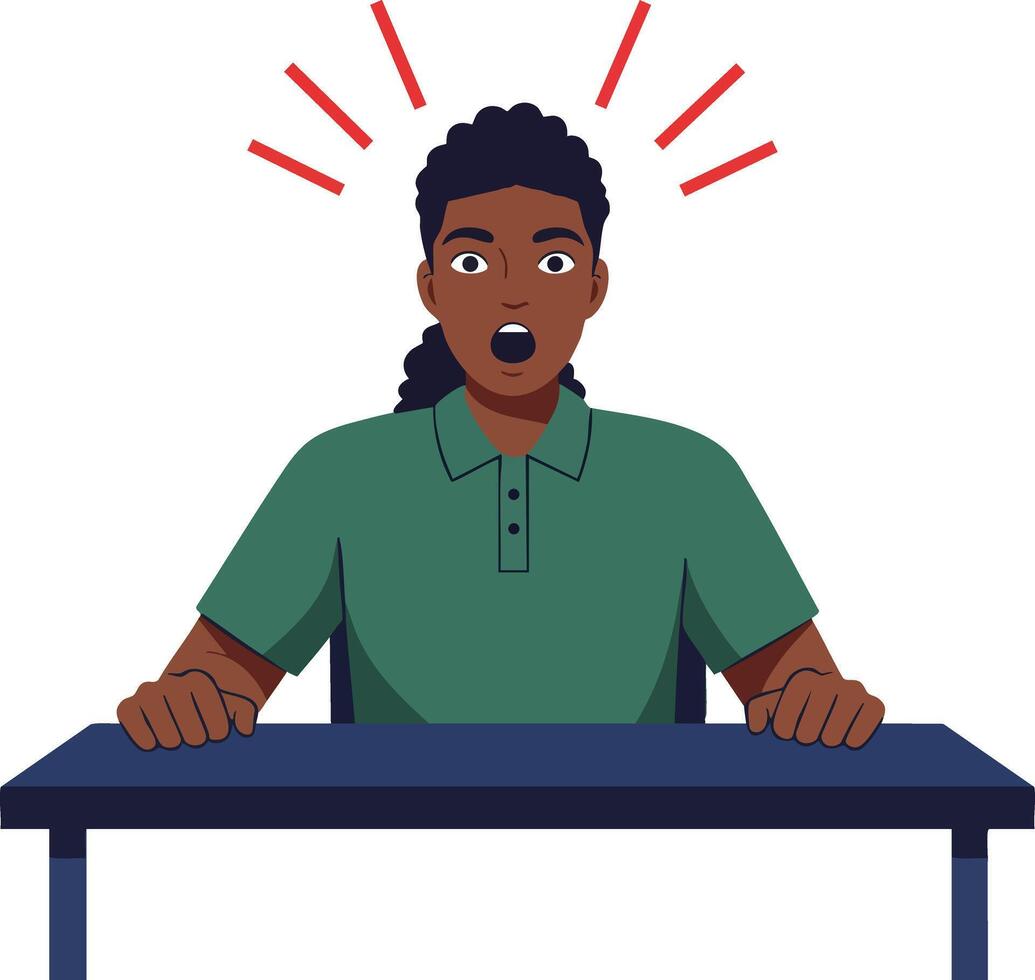 Surprised young man sitting at table with shocked expression and red exclamation lines illustration vector