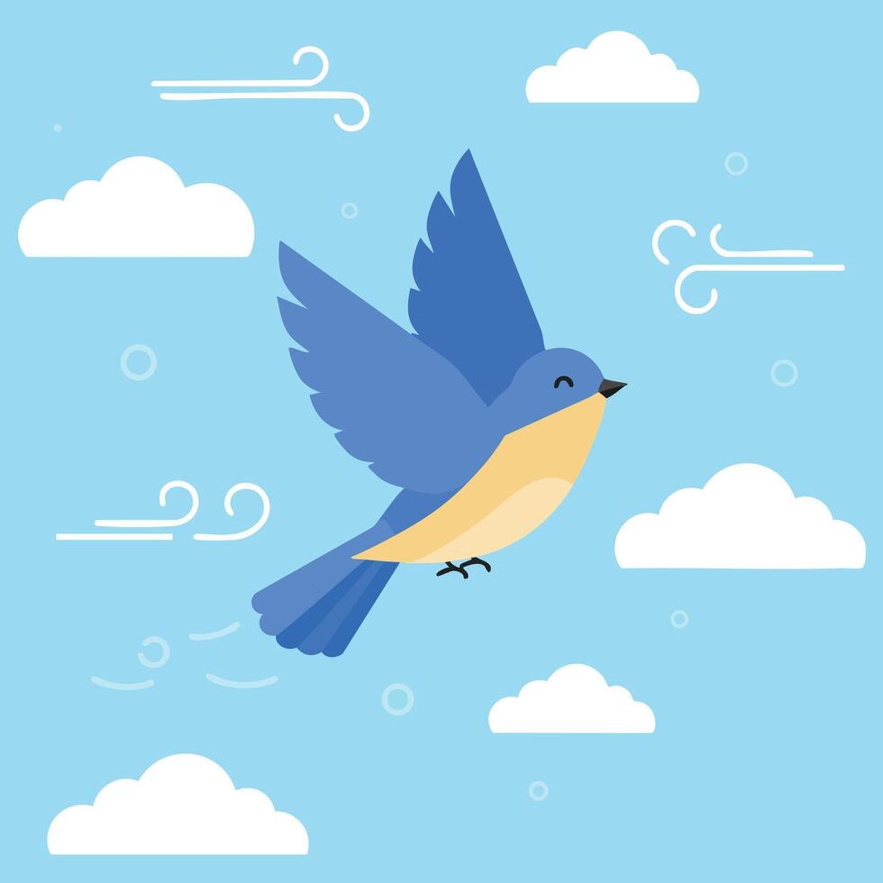 Blue bird flying in sky with white clouds and gentle wind illustration vector