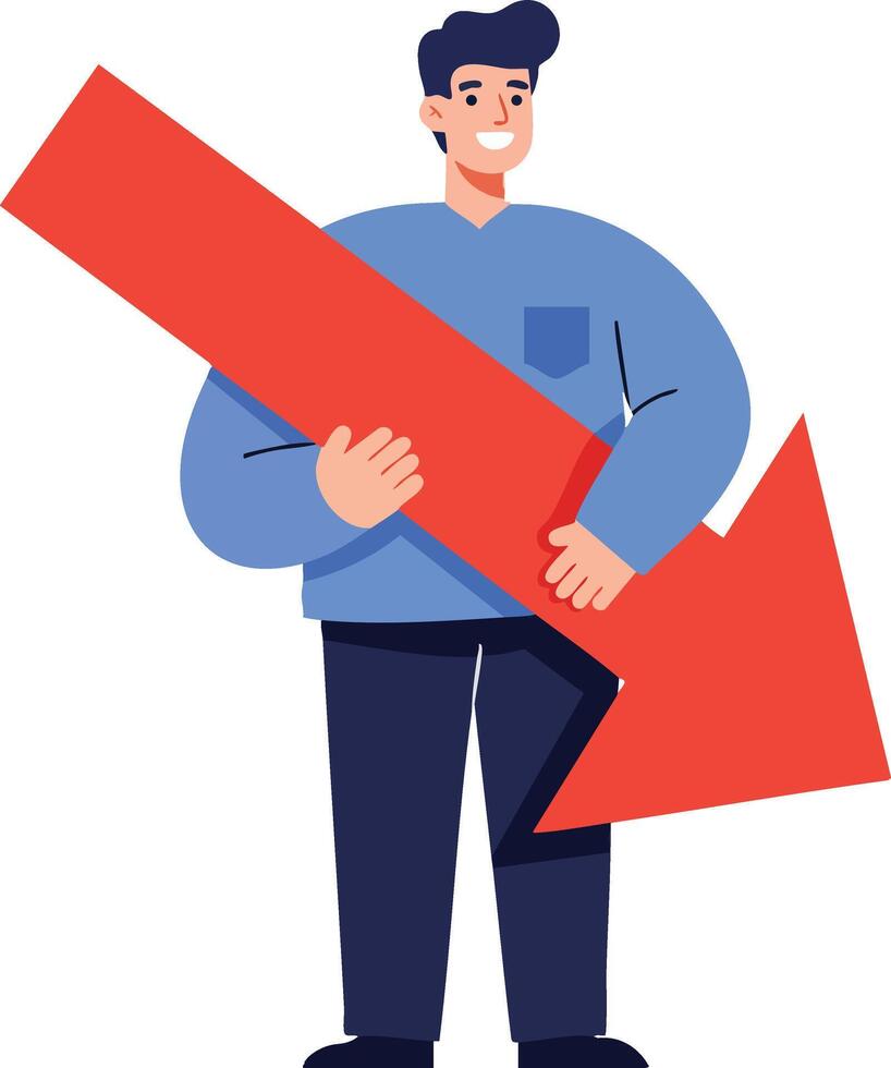 Man holding large red downward arrow symbolizing decrease or decline in business or finance illustration vector