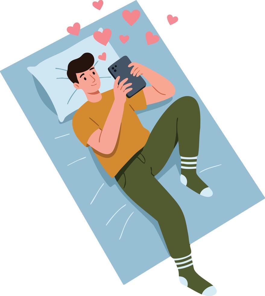 Young Man Lying on Bed Using Smartphone with Floating Hearts Romantic Online Chat Concept Illustration vector