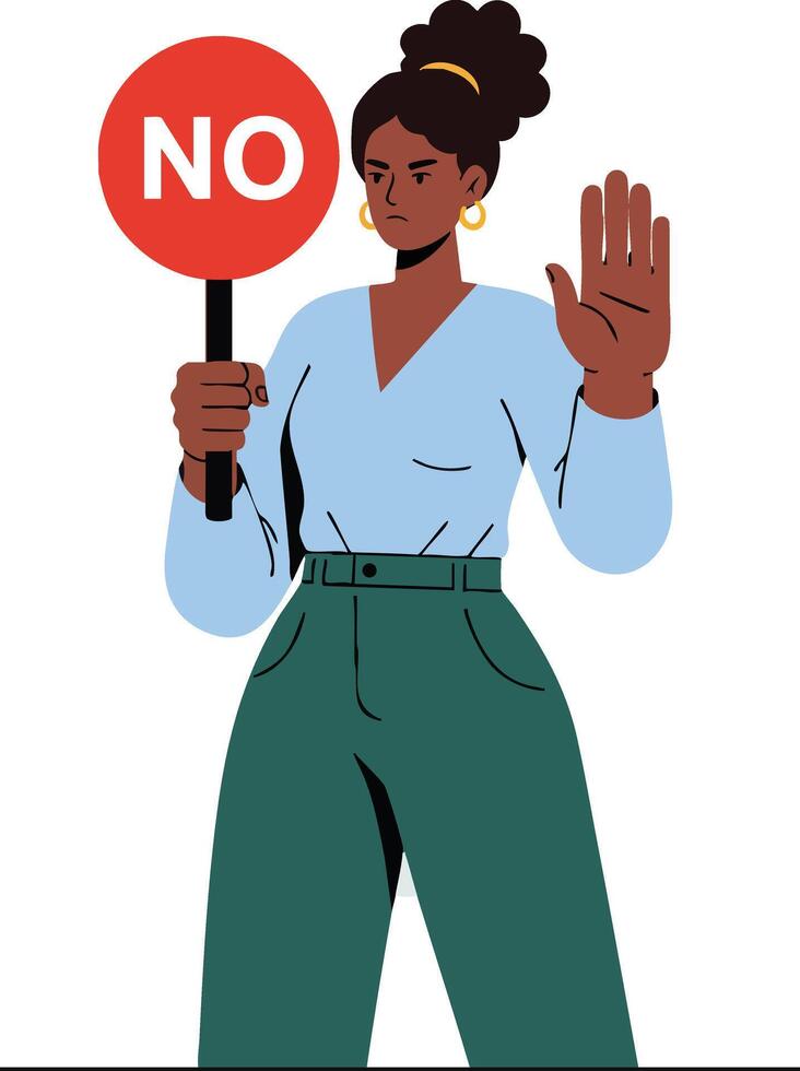 Woman holding no sign and showing stop gesture with hand in serious expression illustration vector