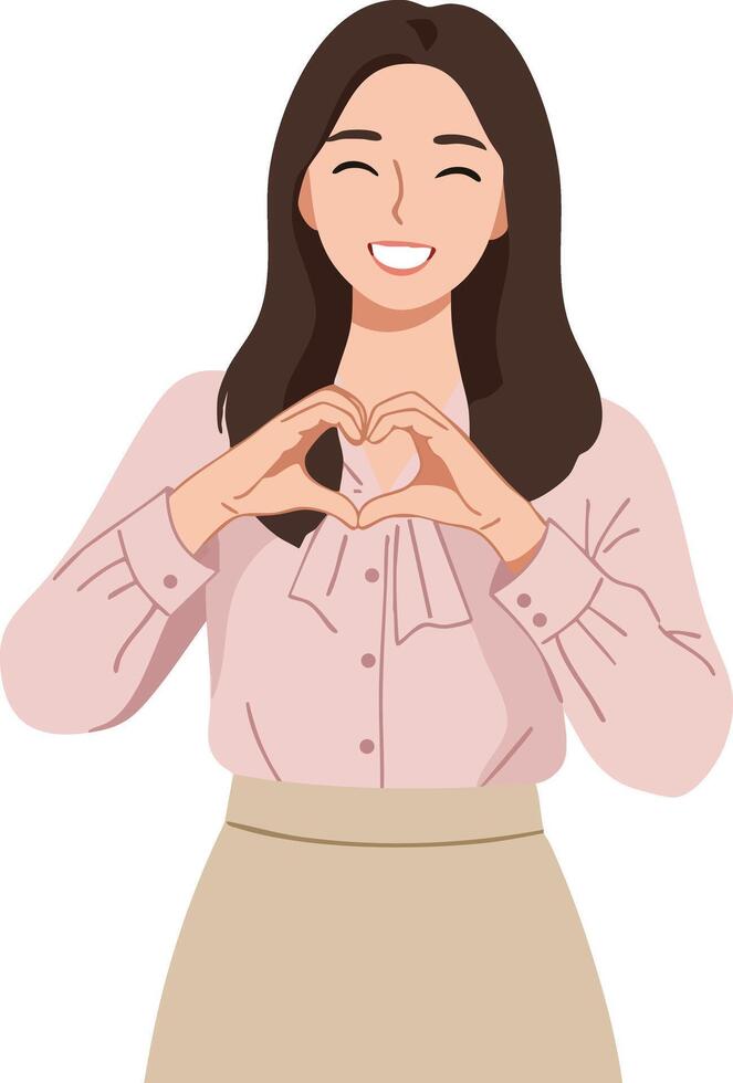 Woman making heart shape with hands smiling in beige skirt and pink blouse illustration vector