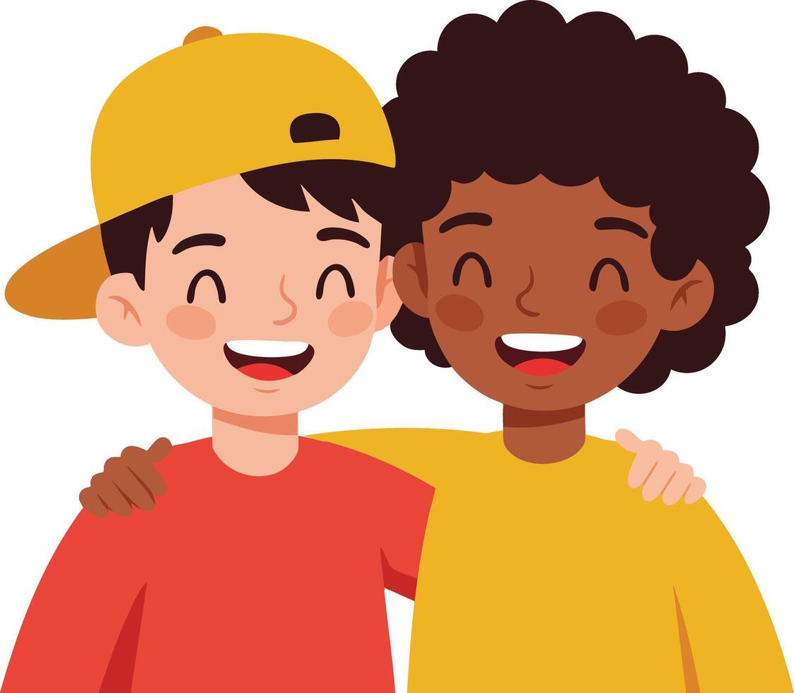 Two happy children embracing each other with smiles in colorful casual clothes illustration vector