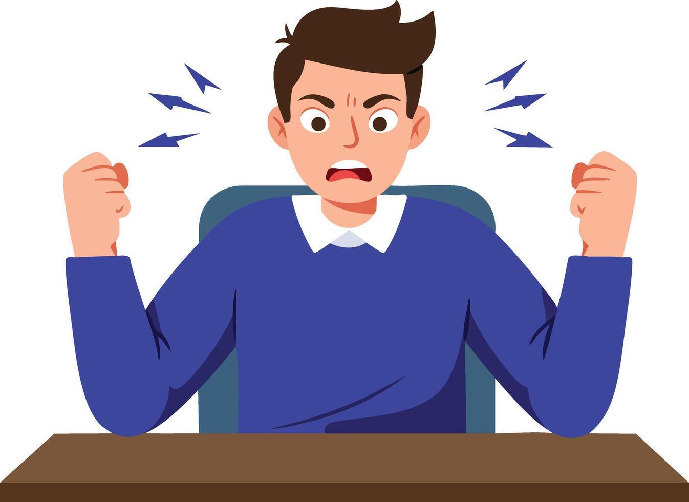 Angry man with clenched fists expressing frustration and stress in blue sweater at desk illustration vector