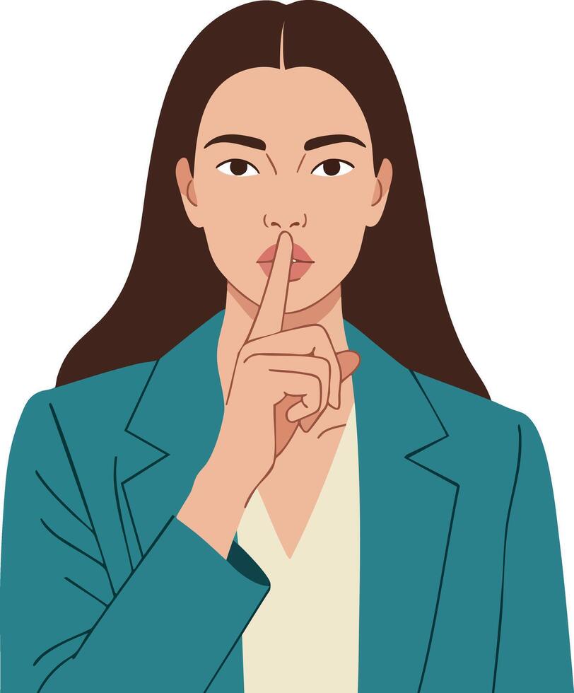 Woman with finger on lips in teal jacket making silence gesture illustration calm expression vector