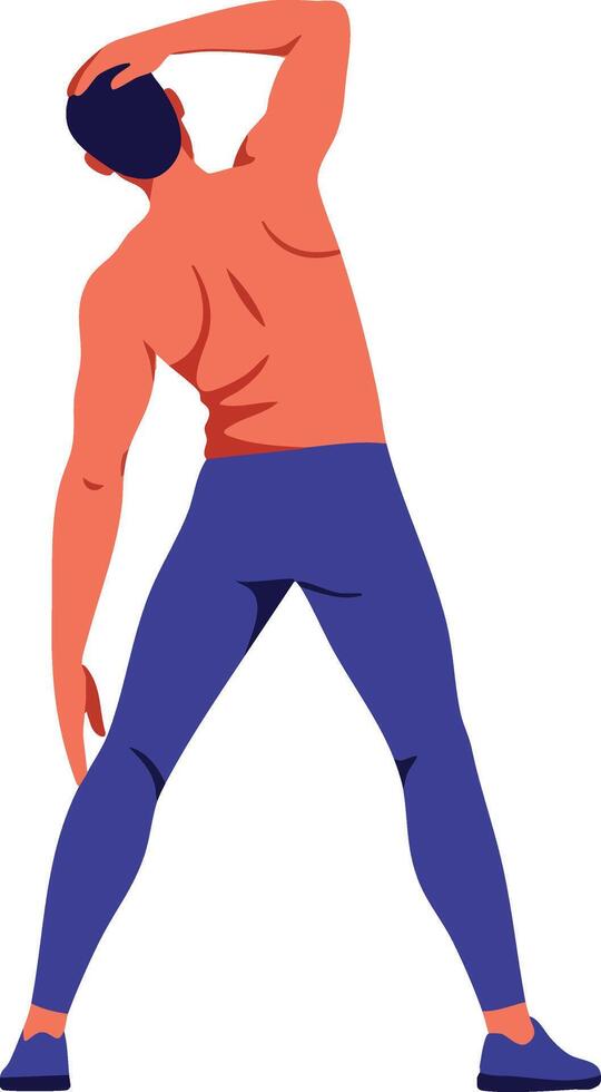 Man stretching arms and body wearing orange shirt and blue pants in fitness exercise pose illustration vector