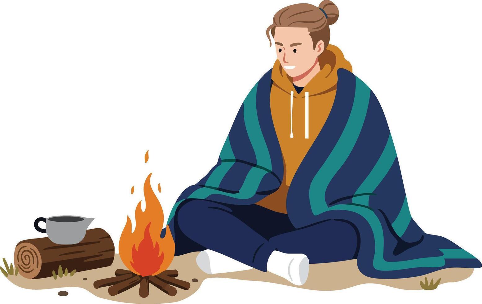 Person sitting by campfire wrapped in striped blanket with teapot on log outdoor camping scene vector