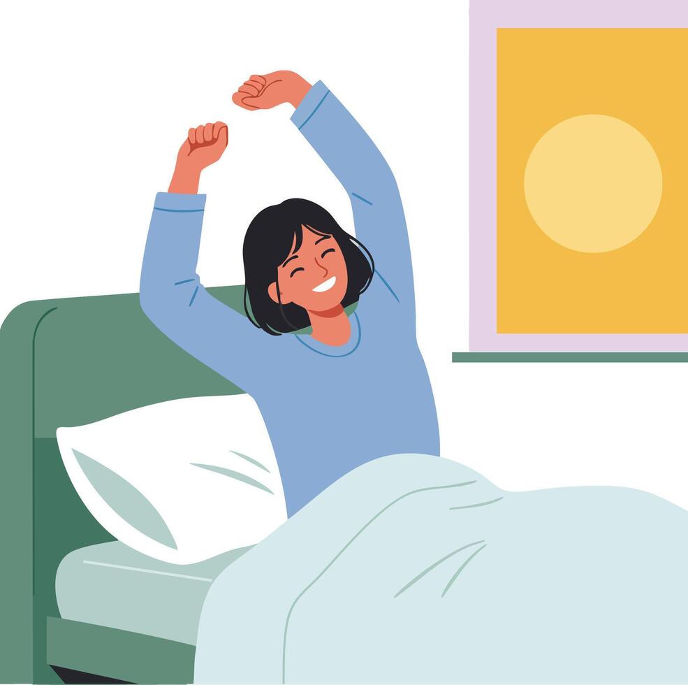 Woman stretching in bed waking up happy in the morning with sunlight through window illustration vector