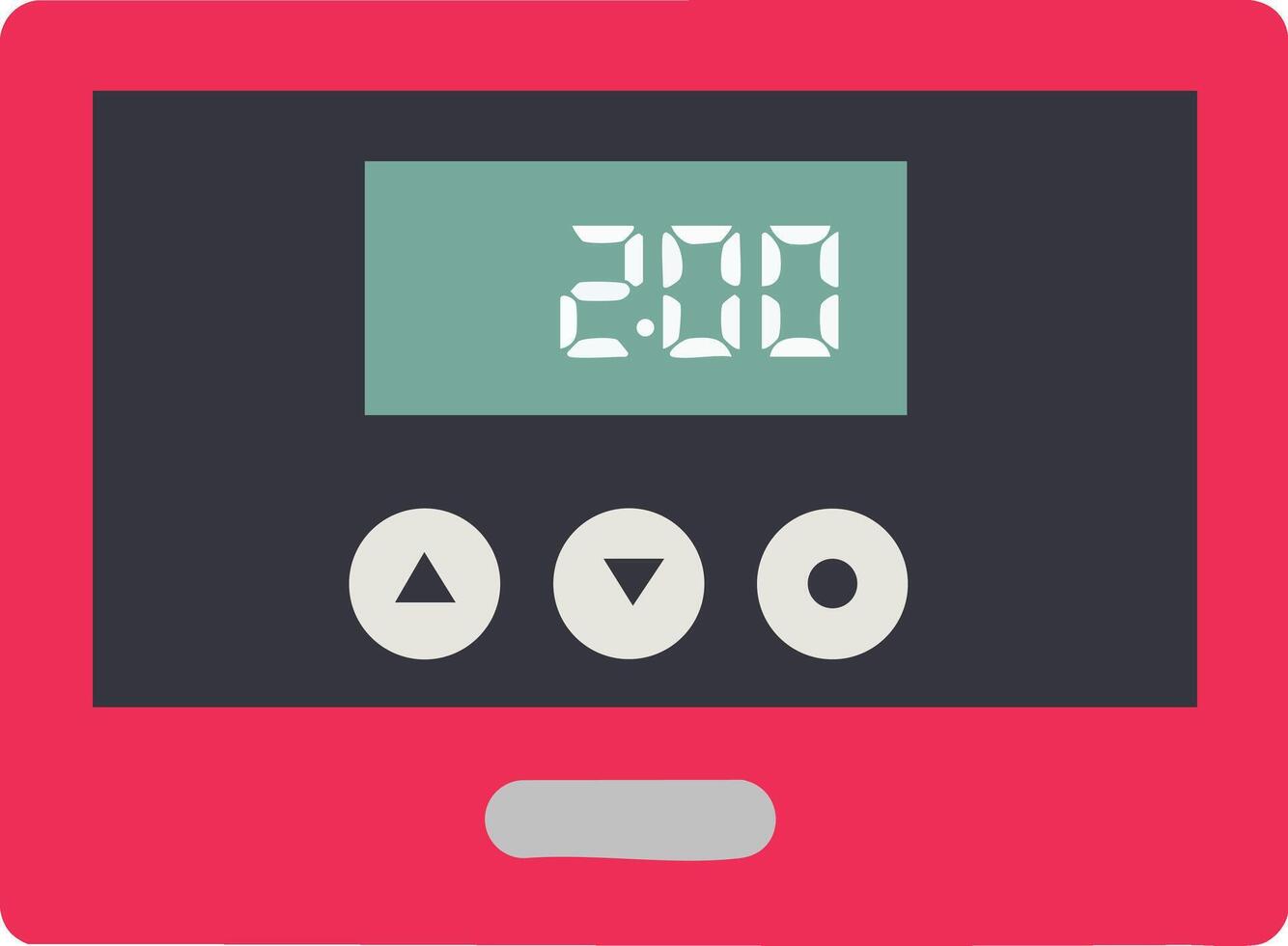 Digital timer device with red frame and green screen showing countdown time 2 minutes illustration vector