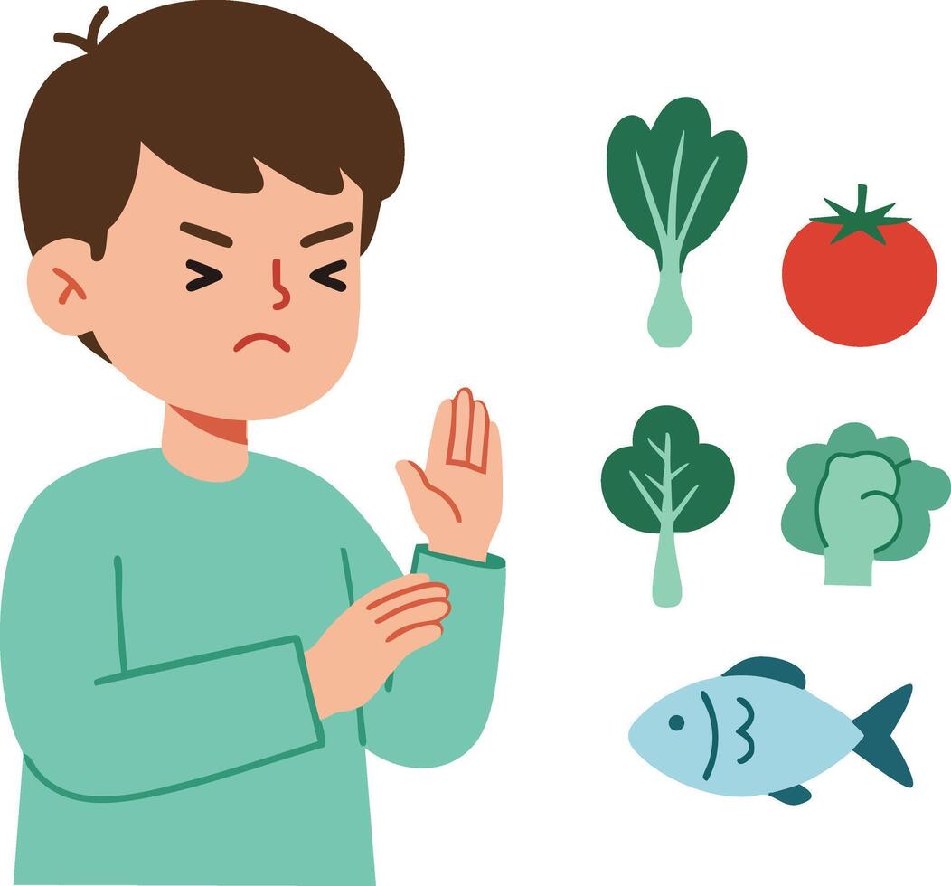 Child refusing to eat vegetables and fish showing dislike for healthy food choices in a flat illustration vector
