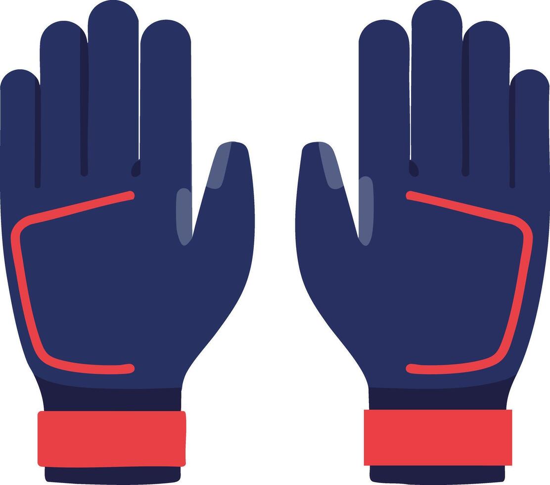Pair of dark blue and red winter gloves flat illustration showing front and back views for cold weather protection vector