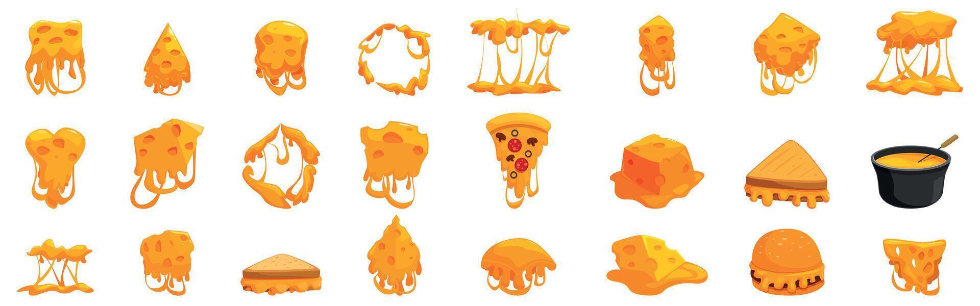 Melted cheese icons set. Melted cheese dripping on various food items and shapes vector