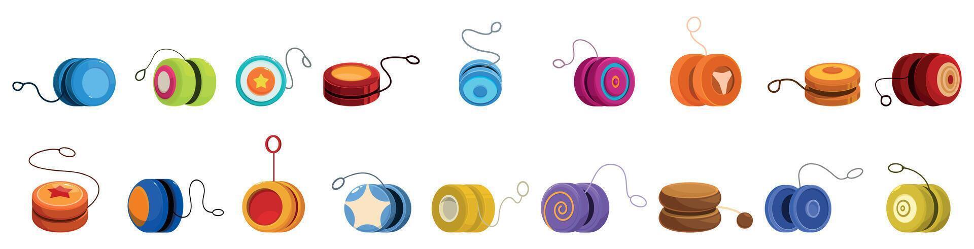 Yoyo toy icons set. Colorful yo yos icons set showing different designs and colors for play and entertainment vector