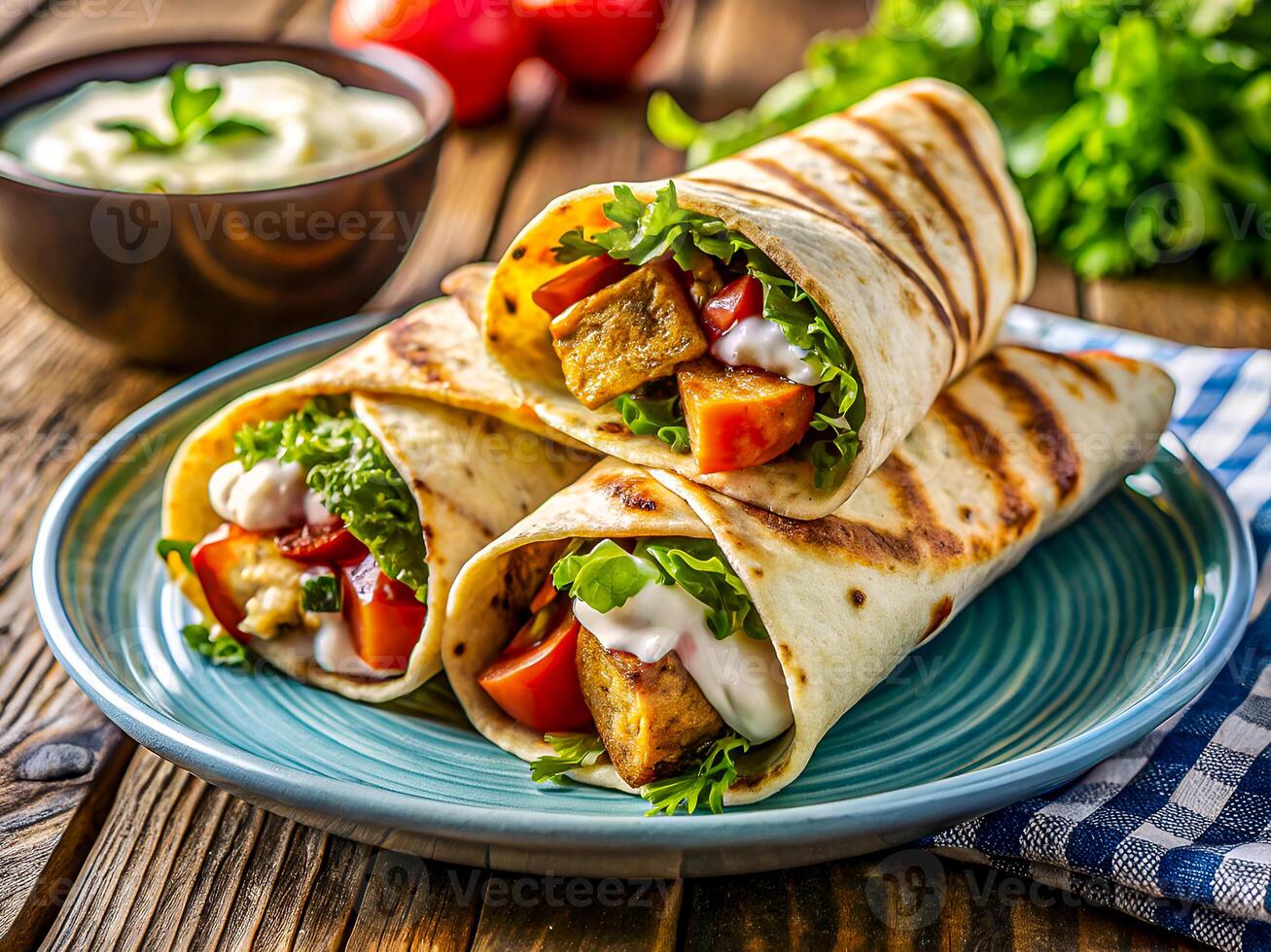Flavorful Grilled Wraps with Fresh Veggies and Creamy Sauce. Delicious food background photo