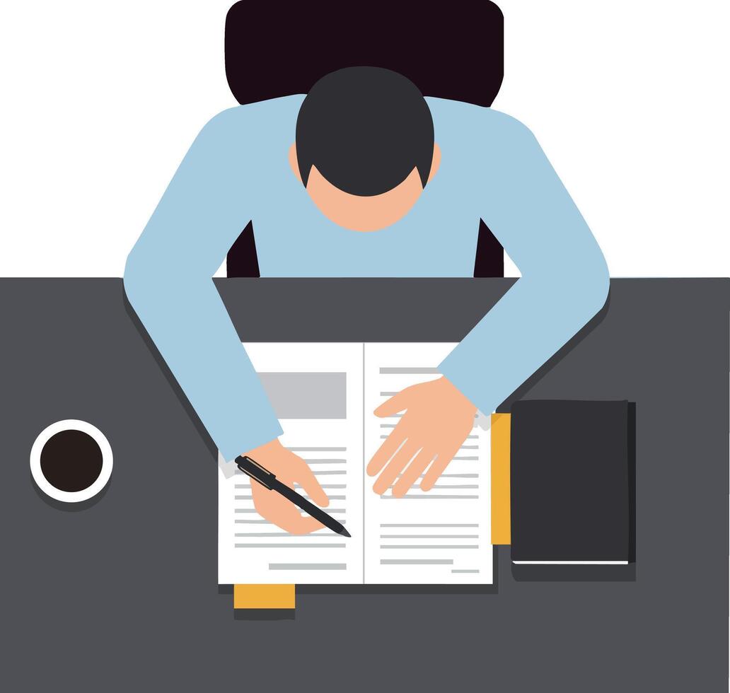 Man writing notes at desk with coffee cup and notebook top view illustration for work or study environment vector