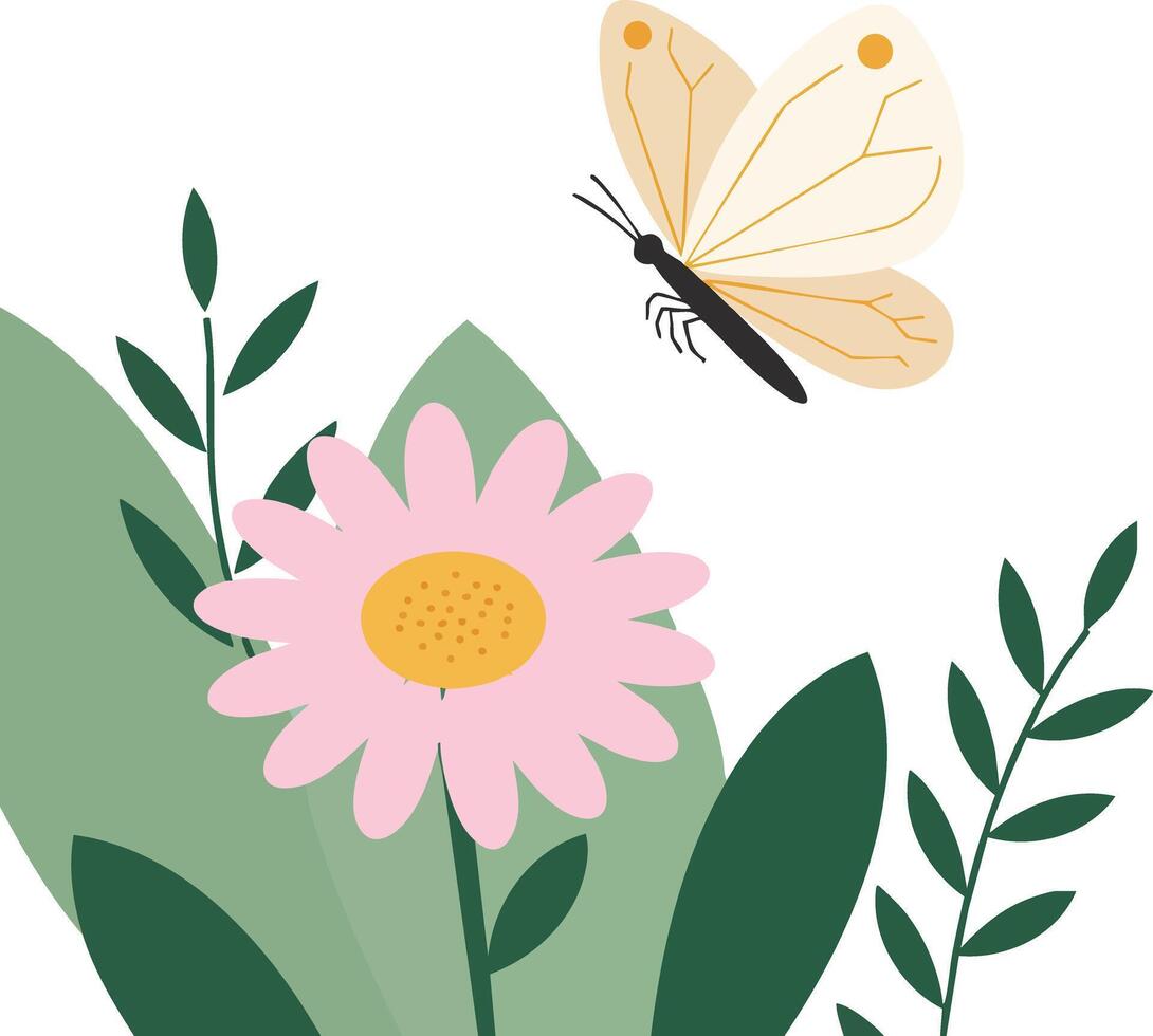 Butterfly flying over pink flower with green leaves illustration in soft colors and simple style vector