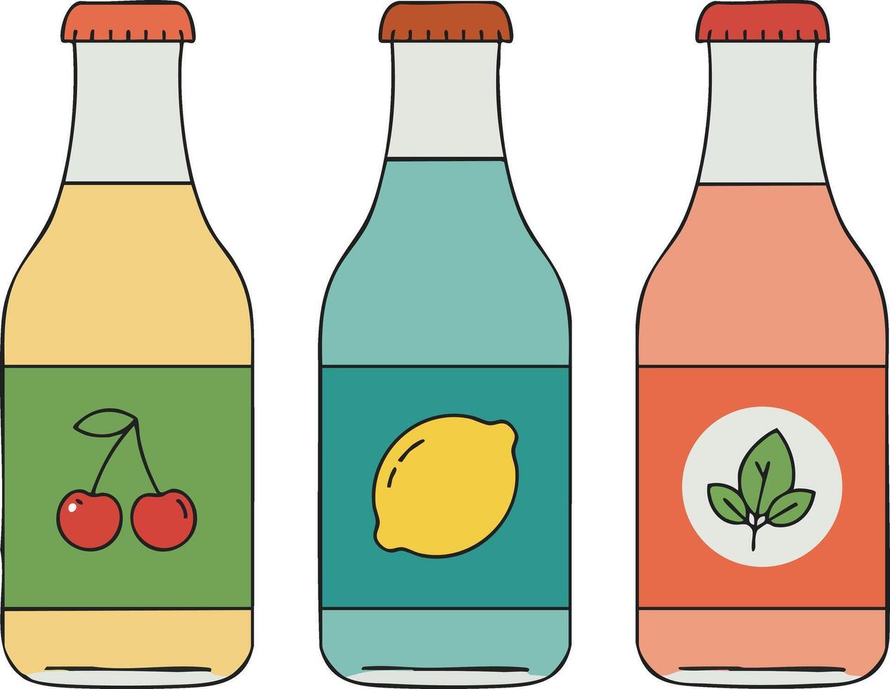 Three bottles of fruit-flavored drinks with cherry lemon and mint labels illustration vector