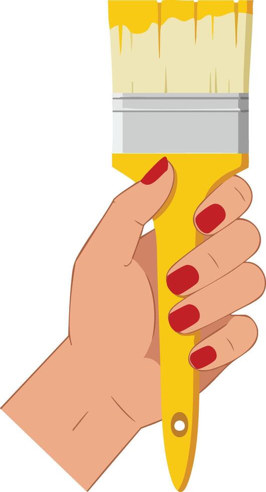 Hand holding yellow paintbrush with red nail polish illustration for creative design projects vector