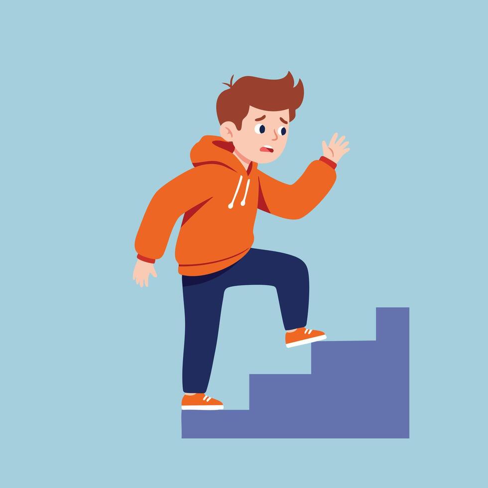 Boy in orange hoodie climbing blue stairs illustration with worried expression in square format image vector