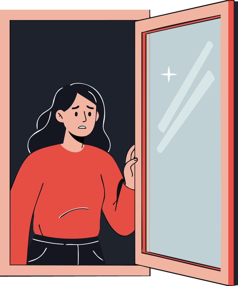 Worried woman looking out open window during night with reflective glass and dark background illustration vector