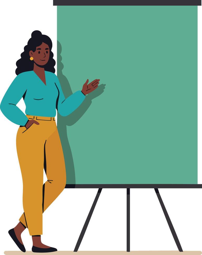 Woman presenting with a blank flip chart during office meeting or presentation illustration vector
