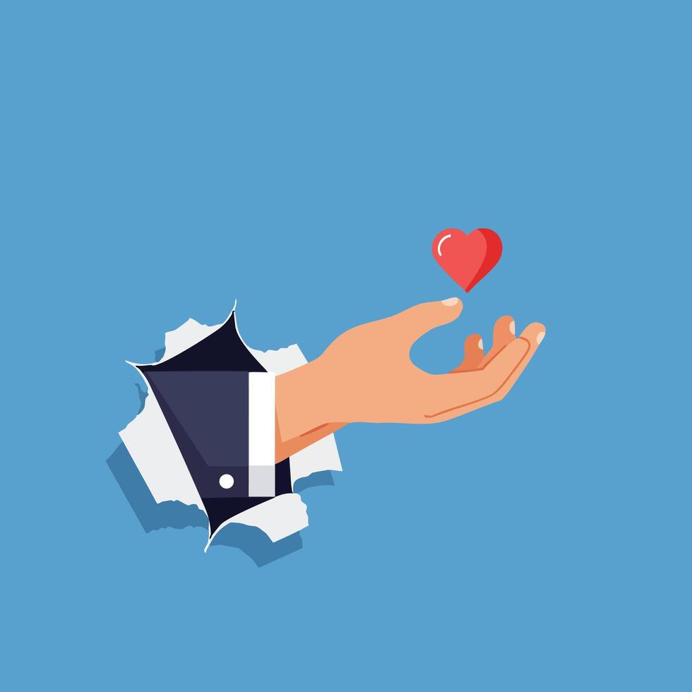 Hand Reaching Through Paper With Red Heart Symbol Representing Love and Care Illustration vector