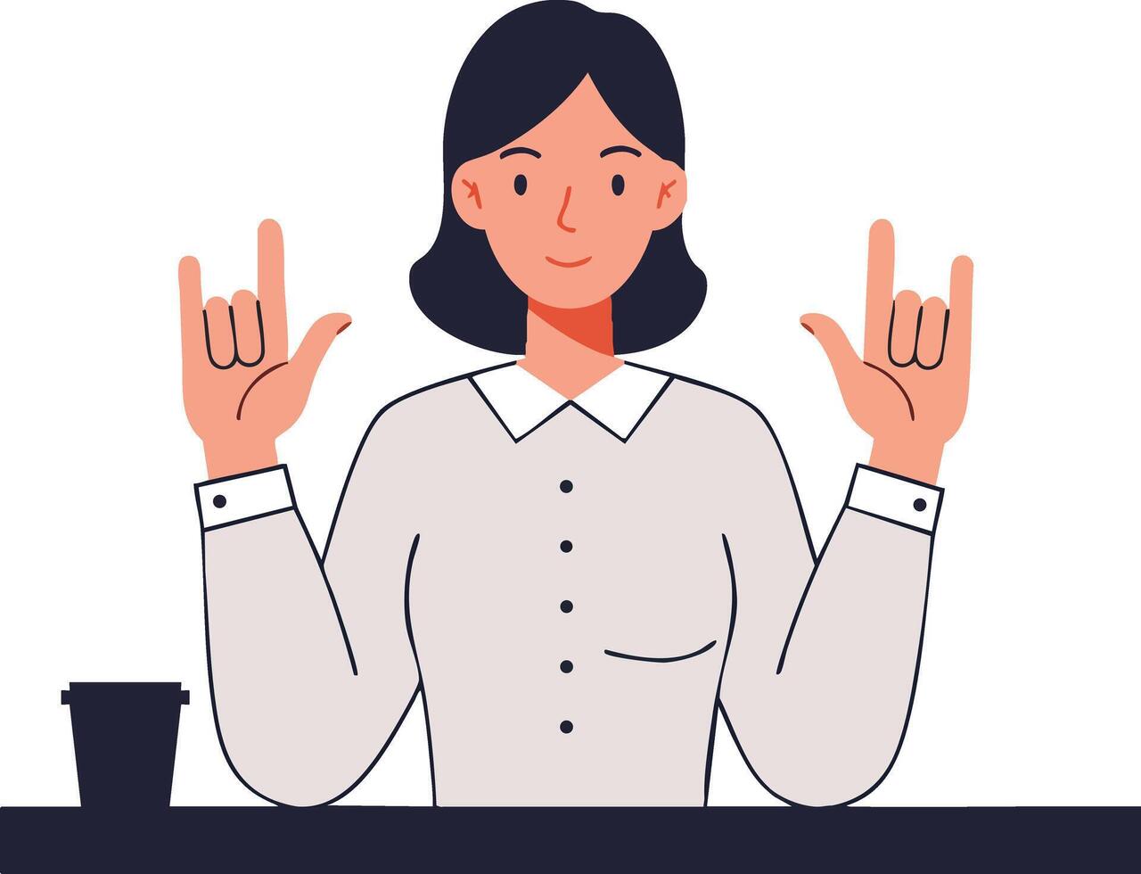 Woman signing love gesture with hands at desk with coffee cup in casual work environment illustration vector