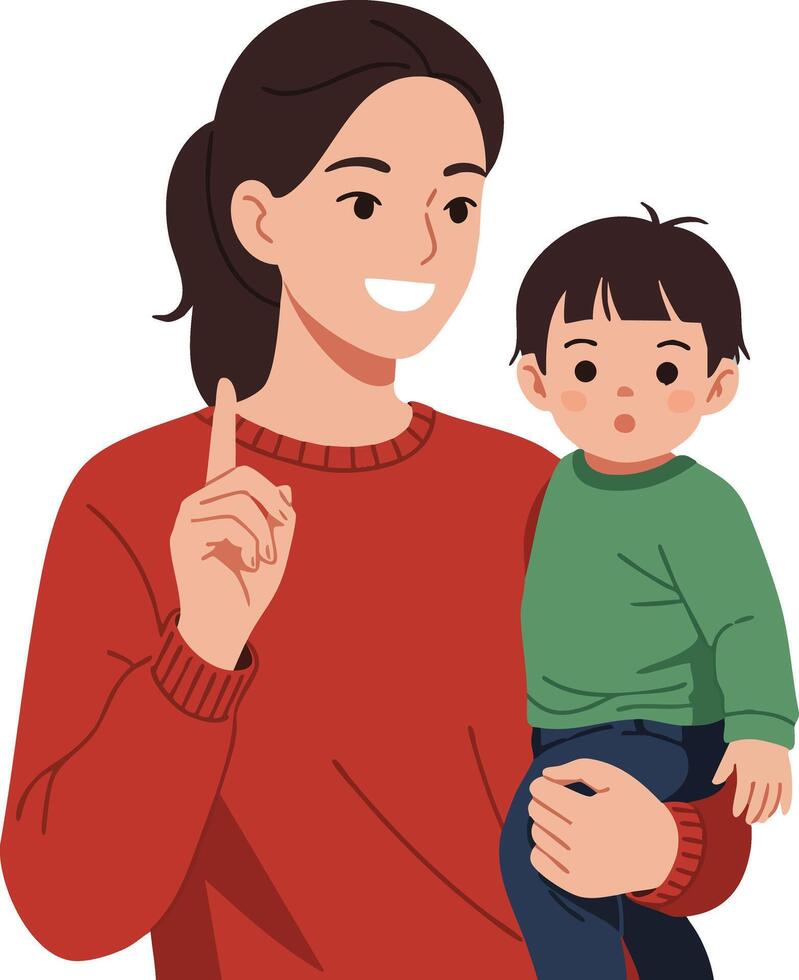 Mother holding toddler child teaching and smiling in casual red and green clothes illustration vector