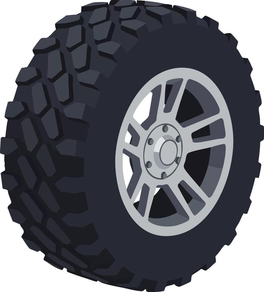 Off-road tire with rugged tread pattern and silver alloy wheel design illustration vector
