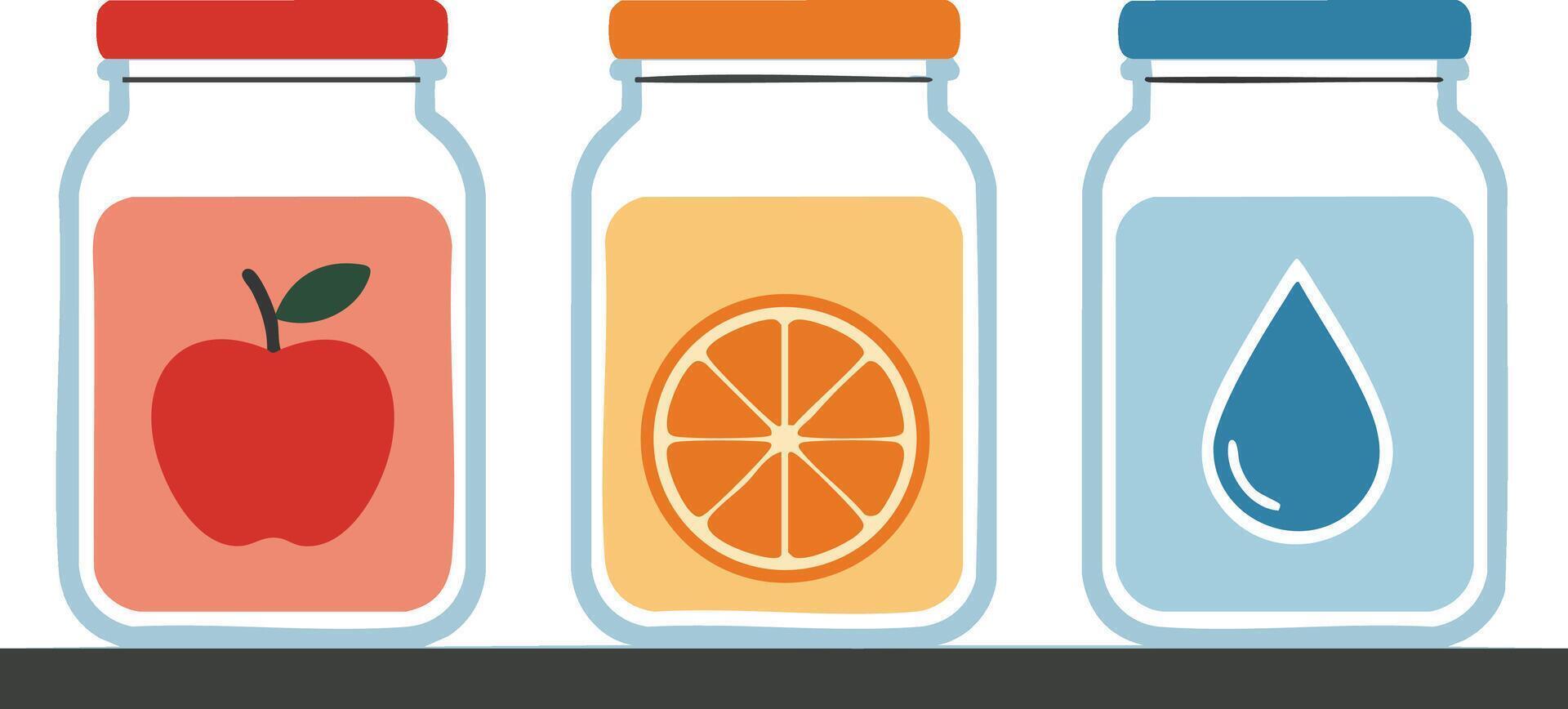 Three jars with apple, orange, and water icons on shelf in simple illustration design vector