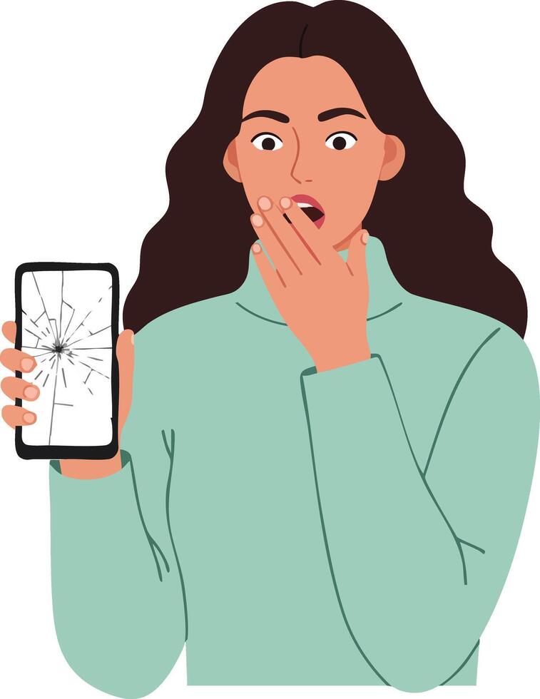 Woman showing broken phone screen with surprised expression in casual clothing illustration vector