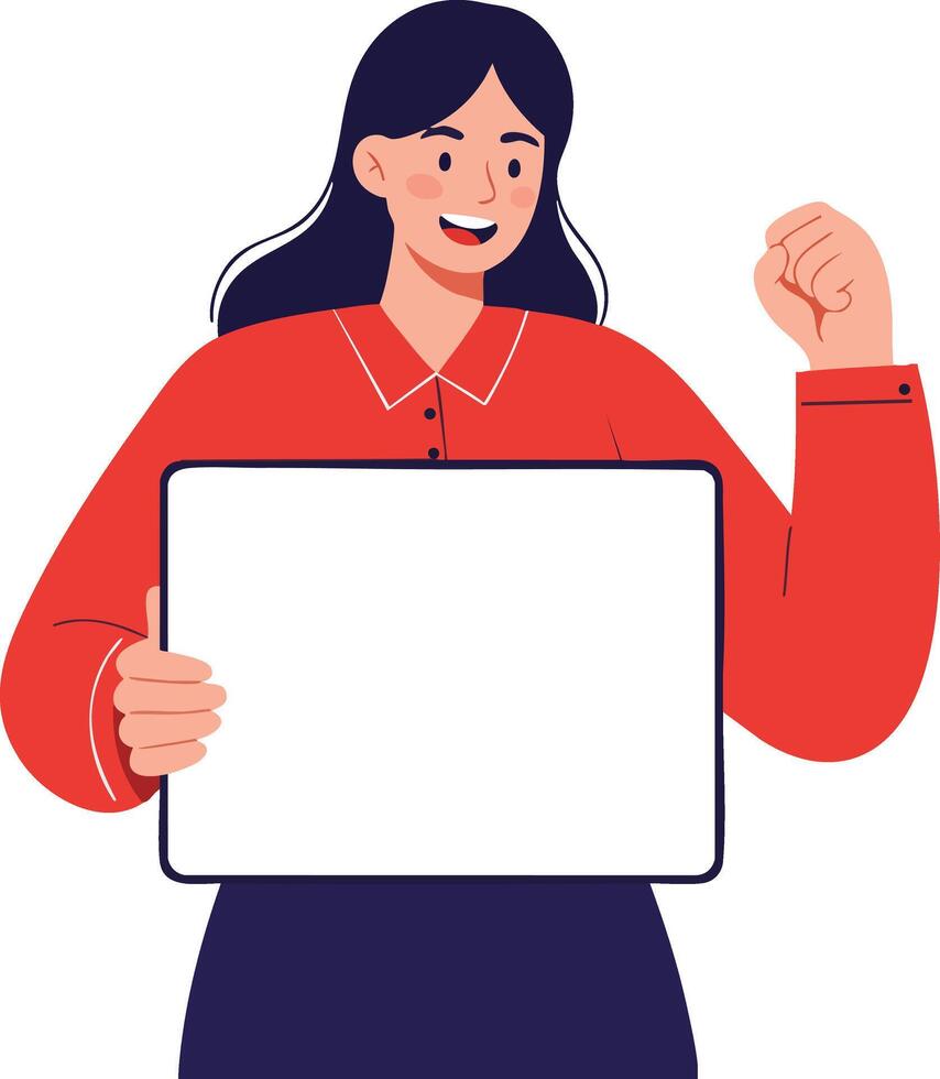 Woman holding blank sign with raised fist symbolizing motivation and confidence in red blouse and dark skirt illustration vector