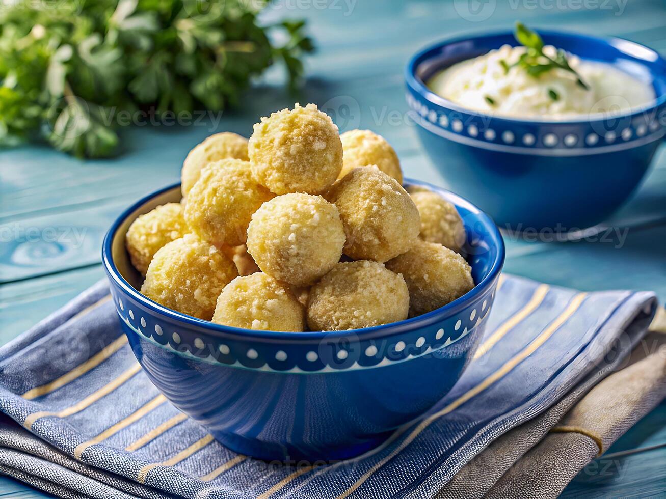 Crispy Golden Cheese Balls with Creamy Dip. Irresistible Snack for Any Occasion. Delicious food background photo