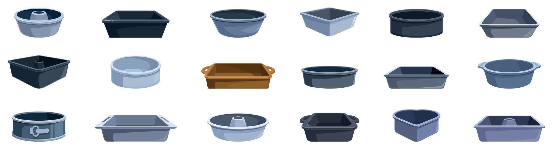Cake pan icons set. Baking dishes and cake molds providing versatile options for culinary creations vector