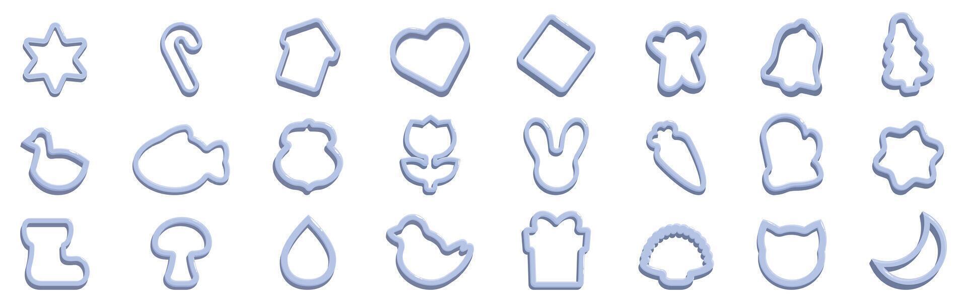 Cookie cutter icons set. Pastel blue cookie cutters forming various shapes for baking and confectionery vector