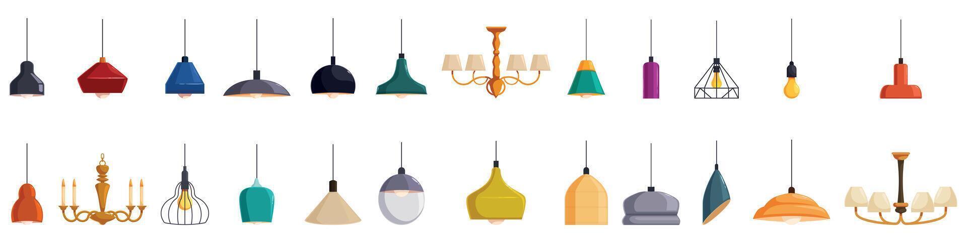 Ceiling chandelier icons set. Diverse collection of hanging ceiling lights vector