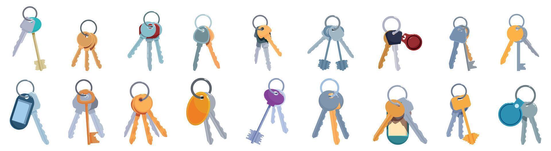 Key bunch icons set. Set of keys hanging with keychains and keyrings, key holding icons set vector