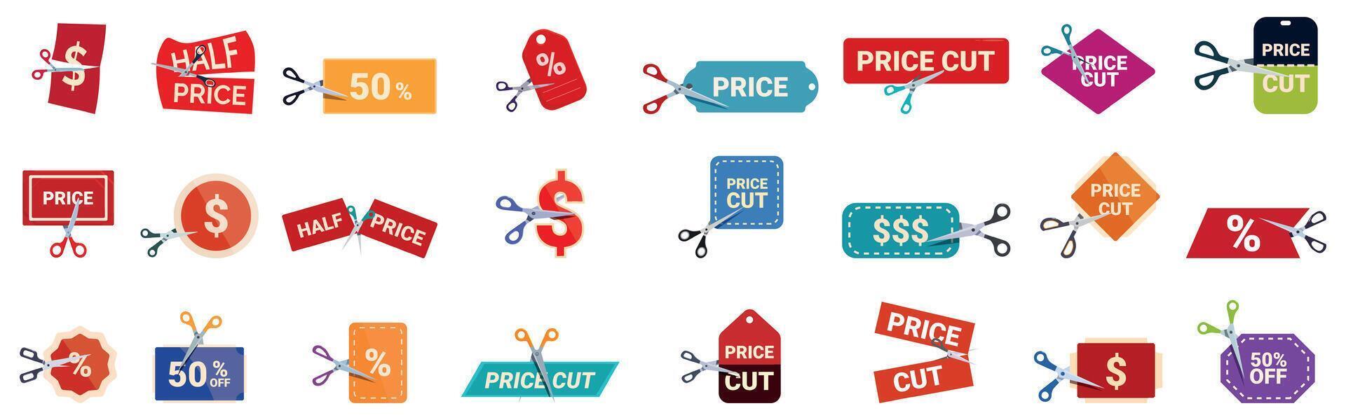 Scissors cutting price icons set. Scissors cutting price tags and coupons in half, reducing costs for consumers vector