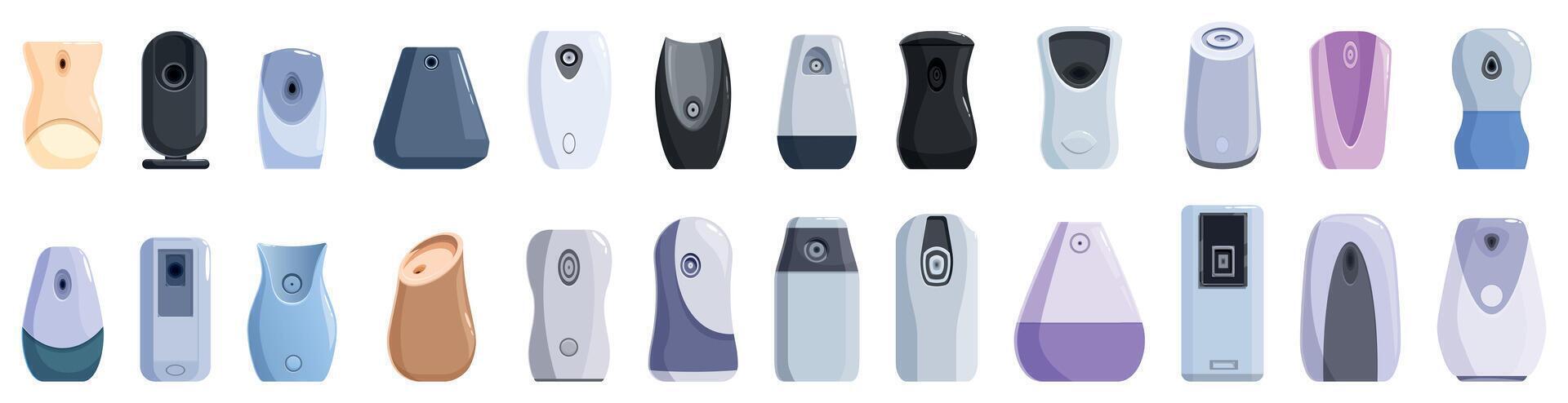 Automatic air freshener icons set. Air fresheners dispensing pleasant scents in various designs vector