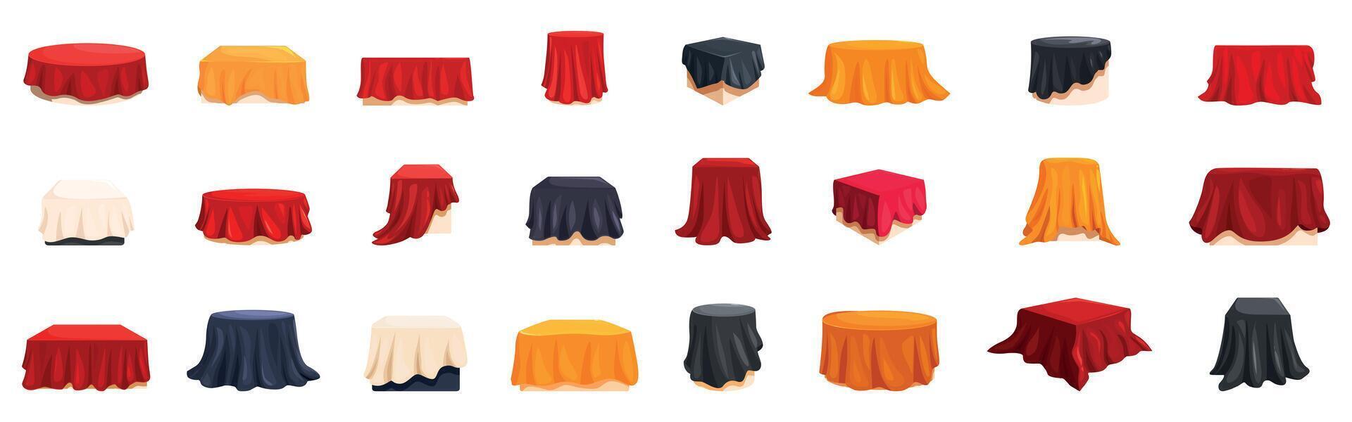 Cloth cover podium icons set. Variety of colorful tablecloths in different styles vector