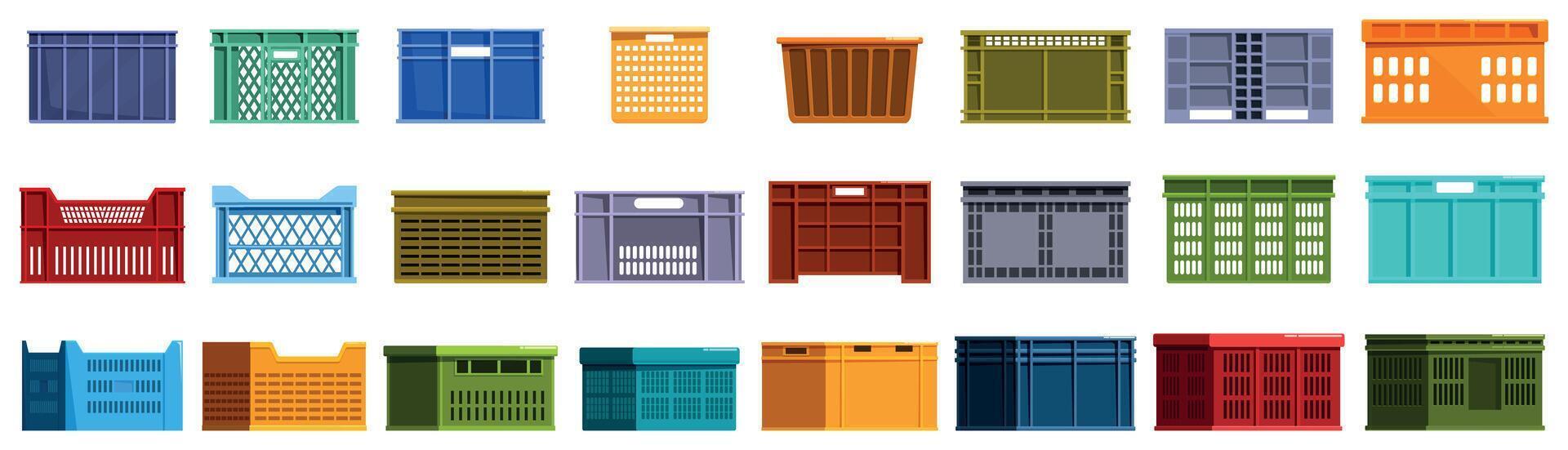 Plastic crate box icons set. Colorful plastic crates for storage and transportation showing different sides vector