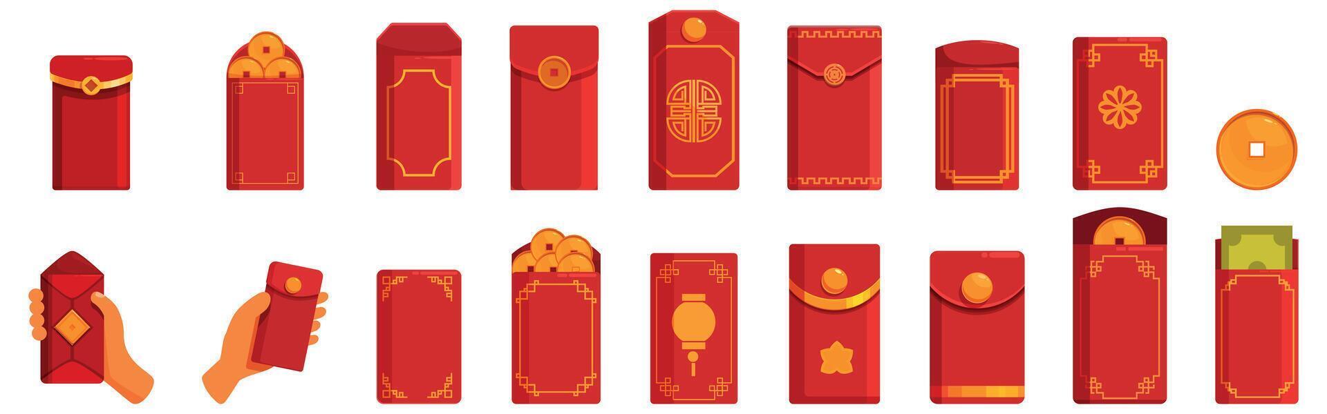 Angpao money envelope icons set. Red envelopes containing money and coins for lunar new year celebrations vector
